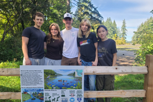 Camas High School Joins City Effort to Educate About Lacamas Lake Pictured L-R, Colton Schaefer, Veronica Sparling, Austin Anderson, Dana Sparling, and Audreen Tsai