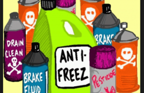 Hazardous Waste Cartoon - Pesticide, Brake Fluid, Drain Clean 