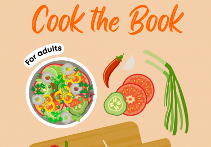 Cook the Book title on image of cutting board and hands chopping a bell pepper