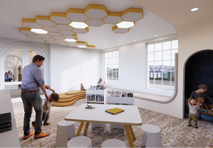 Early Learning Center with interactive seating, reading nooks, and play areas for children.