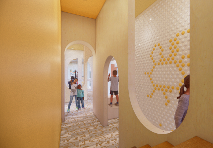 Discovery Hallway with Spinning "Ball Wall" Discovery Hallway with children exploring curved cutouts and crawl spaces in a creative play environment.
