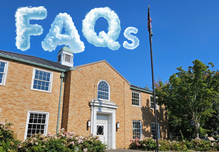 Frequently Asked Questions Library building exterior with the letters F-A-Q-s superimosed on the sky