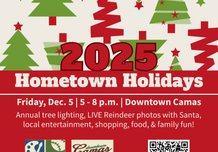 Sketched trees in green and red. White text on Red background. 2025 Hometown Holidays Friday 12/05 5 pm - 8pm Downtown Camas
