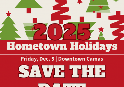 Save the Date for Hometown Holidays. Multi color tree graphics on top half of page. White text on red background.