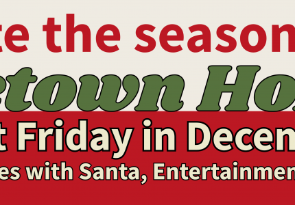 Cream and Red image with Sketched trees on outside edge. Celebrate the Season with us! Hometown Holidays downtown Camas.