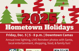 Sketched trees in green and red. White text on Red background. 2025 Hometown Holidays Friday 12/05 5 pm - 8pm Downtown Camas