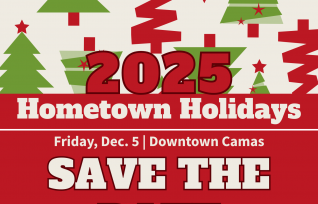 Save the Date for Hometown Holidays. Multi color tree graphics on top half of page. White text on red background.