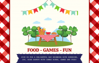Red and white flyer with picnic scene. Crown Park grand reopening celebration. July 2nd 11 am - 4 pm at Crown Park