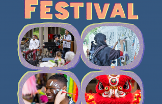 Colorful flyer Camtown Arts & Music Festival photos of Lion Dancer, Face Painter, art on Canvas and band