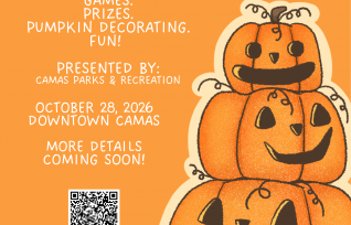Cartoon jack-o-lanterns stacked on top of each other. Camas Parks and Recreation Pumpkin Party. Oct 28, 2:30 pm to 5:30 pm.