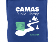 tote with the words Camas Public Library with a river flowing through a forest
