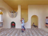 Discovery Hallway with children exploring curved cutouts and crawl spaces in a creative play environment.