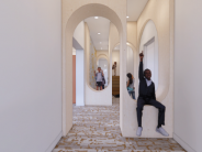 Discovery Hallway with circular nooks and children interacting with playful design elements.