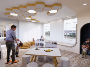Early Learning Center with creative seating, hexagonal ceiling lights, and children in reading nooks.