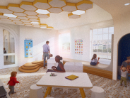 Early Learning Center with tiered seating, reading nooks, and children engaging in play and learning