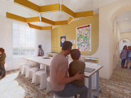 STEAM Studio with a drawable whiteboard surface, children working at tables, and large windows providing natural light