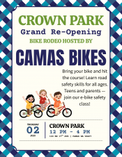 Blue and White flyer with kids on bikes. Bike Rodeo and Safety Session during Crown Park Grand Reopening