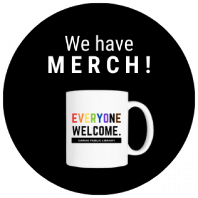 mug with words "Everyone Welcome" and a title saying We have Merch!