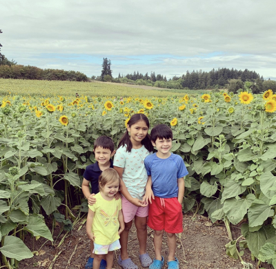 Four young siblings standing in a field of sunflowers on a cloudy day.