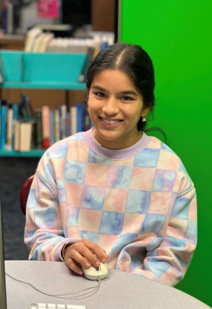 Picture of a girl sitting at a desk holding a computer mouse