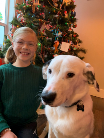 Eleanor sitting in front of a Christmas tree next to a white dog