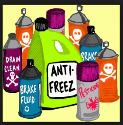 Hazardous Waste Cartoon - Pesticide, Brake Fluid, Drain Clean 