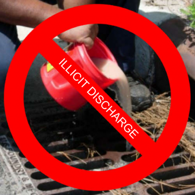 Pouring liquid into a drain, "Illicit Discharge" striked out in red