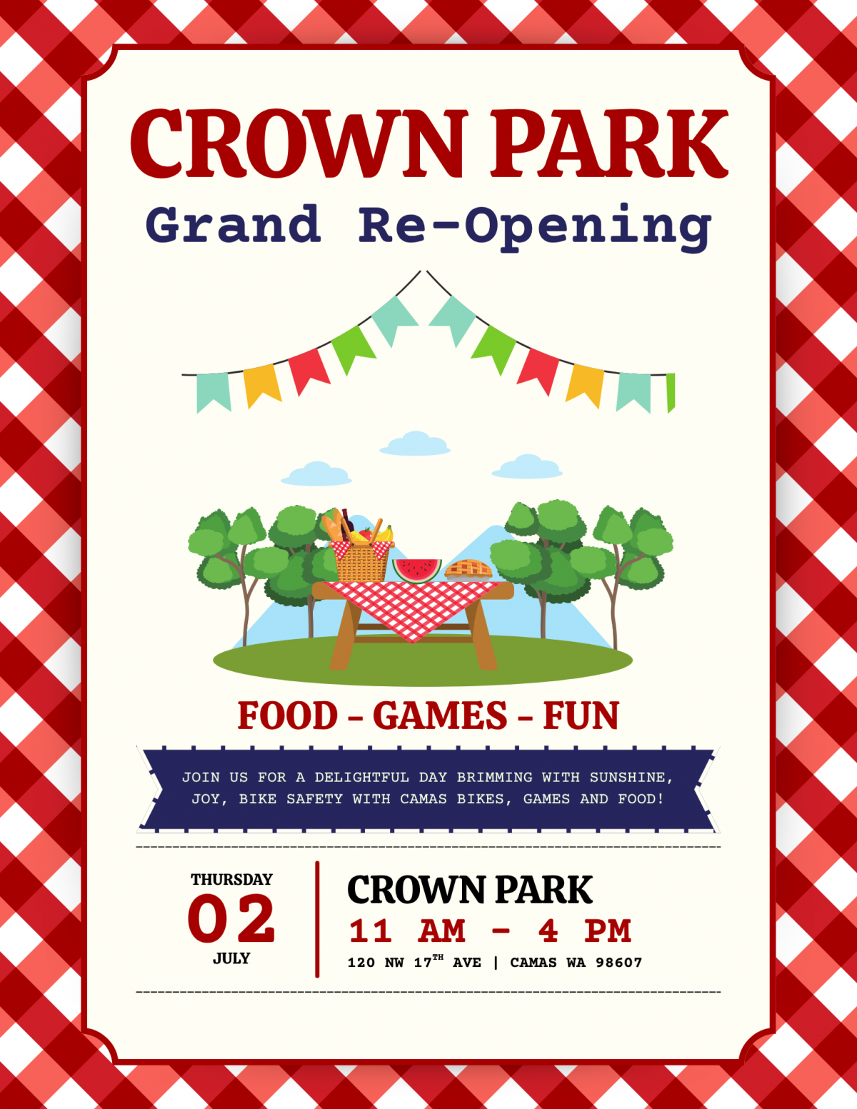 Red and white flyer with picnic scene. Crown Park grand reopening celebration. July 2nd 11 am - 4 pm at Crown Park