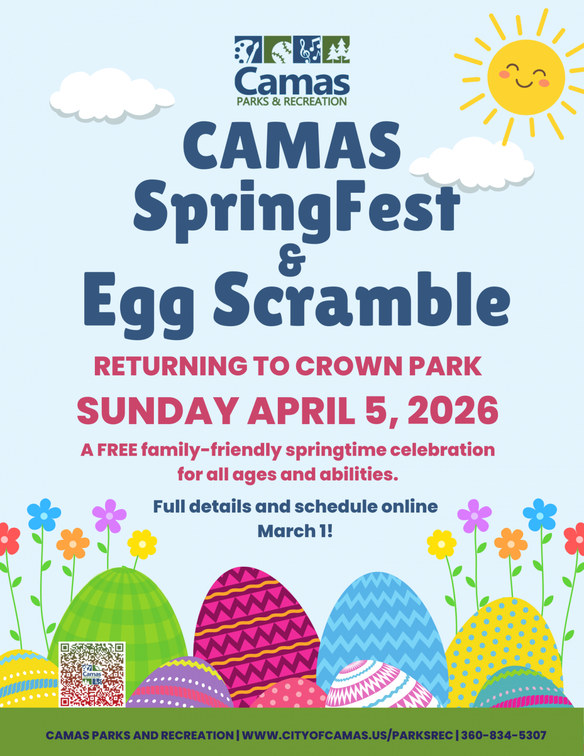 Camas SpringFest Flyer Illustration of Colorful eggs and spring flowers on a blue back ground with the words Camas SpringFest and Egg Scramble