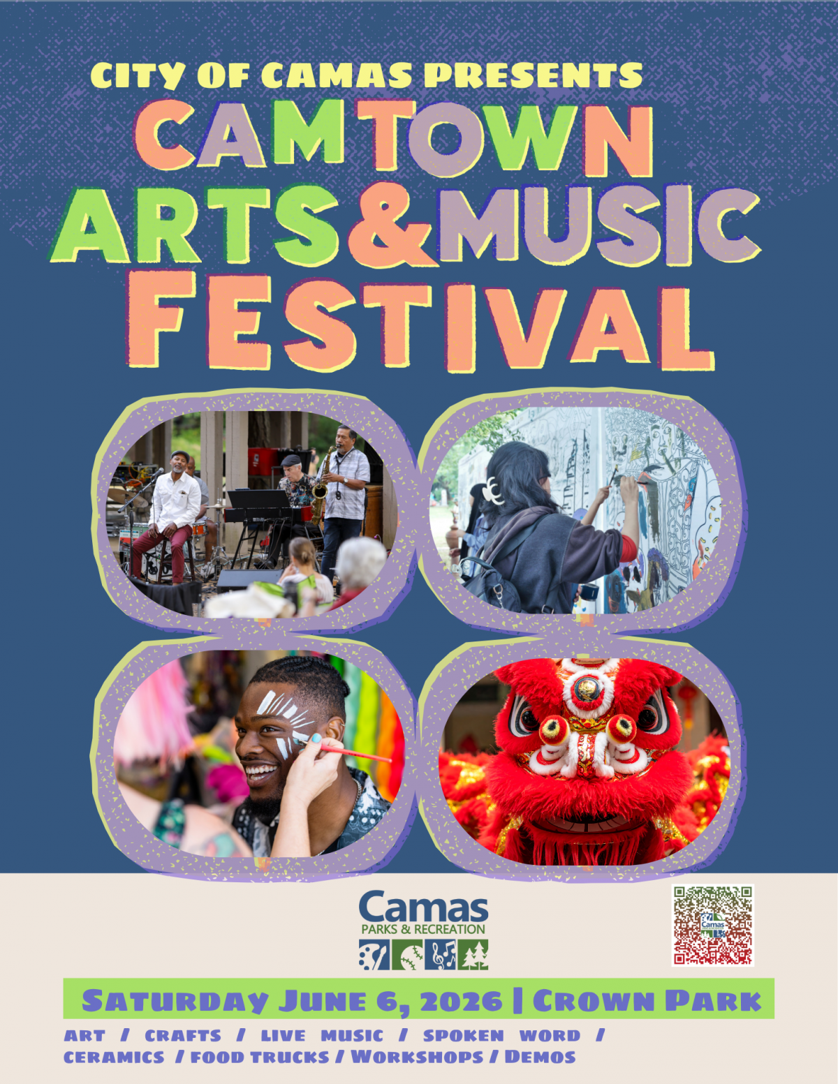 Colorful flyer Camtown Arts & Music Festival photos of Lion Dancer, Face Painter, art on Canvas and band