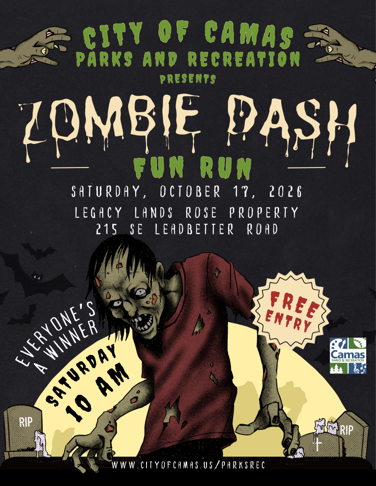 Main Flyer Zombie Dash Fun Run. Saturday October 17. 10 am.