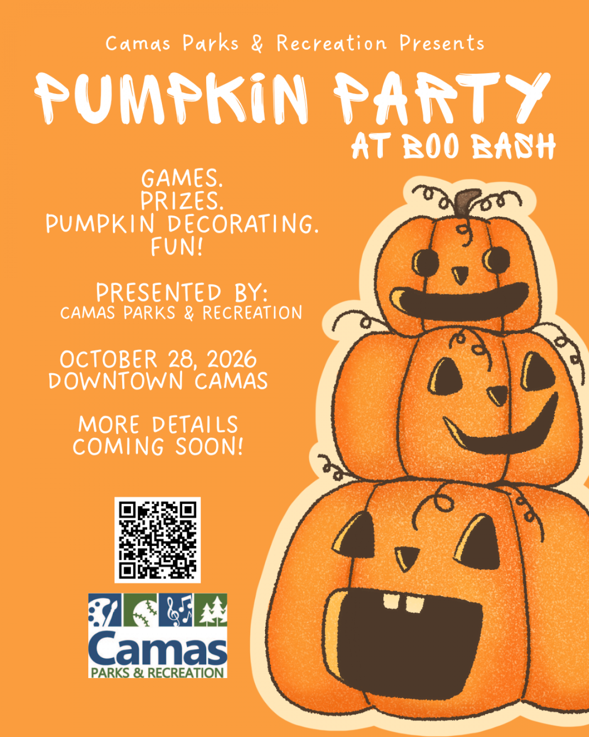 Pumpkin Party is back at Boo Bash on Wednesday September 28. Downtown Camas.